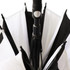 A black and white umbrella with a central handle, featuring a sleek design and a branding logo.