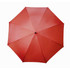 A red umbrella featuring a central opening mechanism and a simple design. It has a black grip handle.