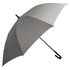 A grey umbrella with a curved black handle and a black frame, featuring a logo on the canopy.