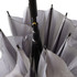 A corporate umbrella in grey with multiple panels and a central black handle, featuring a logo on the shaft.