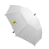 A white umbrella with a logo on the side. The umbrella features a classic canopy design.
