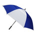 A blue and white umbrella with a black handle and a logo on the handle.