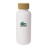 A drink bottle made of white material with a cork lid and a logo on the front.