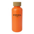 A drink bottle in bright orange with a cork lid and a logo on the front.