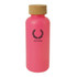 A drink bottle in pink with a cork lid and a logo on the front.