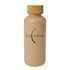 A drink bottle in a beige shade with a textured gold cap and a logo on the front.