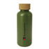 A drink bottle in olive green featuring a cork lid and a logo.