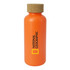 An orange drink bottle with a cork lid, featuring a logo on the side.