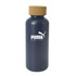 A drink bottle with a navy blue finish and a cork stopper, featuring a logo. 650ml capacity.