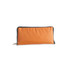 An orange foldable tote bag, zippered and compact, with a dark trim. It features a logo on its surface.