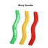 Three wavy noodle-shaped sticks in green, yellow, and red, with one featuring a logo.