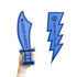 A hand holds two promotional foam products: a blue sword and a blue lightning bolt, each with logos.
