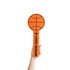 An orange sponge ball cheer stick shaped like a basketball, held by a hand against a white background.