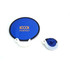 A blue foldable fan with a white handle, compacted beside it. It has a logo on the surface.
