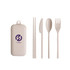 A travel utensil set featuring a storage case, fork, knife, spoon, and chopsticks in a light beige colour.
