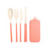 A travel utensils set featuring a spoon, fork, knife, and chopsticks with coral handles, and a matching storage case.