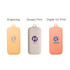Three portable utensil cases in yellow, white, and coral featuring various logo designs.
