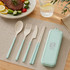 A mint green utensil set featuring a spoon, fork, knife, chopsticks, and a matching case on a table setting.