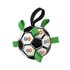 A dog soccer ball in black and white, featuring green grab tabs and a logo.