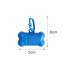A blue bone-shaped pet waste bag dispenser with a clip, measuring 8cm by 5cm.