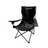 A large, foldable portable camping chair in black with armrests and a logo on the backrest.