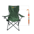 A green foldable camping chair with black metal legs, alongside a colourful umbrella, features a logo.
