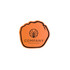 An orange foam mitt with a logo and text, featuring a rounded shape.