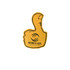 A yellow foam mitt shaped like a thumbs-up with a logo and tagline printed on it.