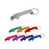 A drink bottle opener keyring in silver, green, pink, orange, yellow, red, black, and blue, featuring a logo.