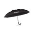 A black expandable golf umbrella with a curved handle and a logo on the canopy.