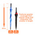 An expandable golf umbrella in blue and black, featuring different diameters for coverage measurement.