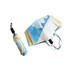 A folding umbrella with a geometric design in blue and yellow, accompanied by a matching carry case.