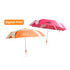 A lightweight umbrella with a wooden handle, featuring orange and pink designs, and a logo.