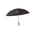 A black umbrella with a red handle and trim, featuring a logo on the canopy.