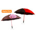 A red and black car umbrella features a unique digital print design and a handle for easy grip.