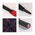 A black and red umbrella featuring a textured handle and a logo. The image includes multiple angles showcasing its design.