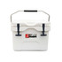 A white 15L cooler box with a silver handle and dark grey clips, featuring a logo on the front.