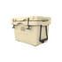 A cream-coloured 25L cooler box with a lid, carry handles, and a logo on the side.