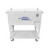 A white cooler box trolley with a lid, featuring a branding logo and wheels for easy mobility.