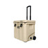 A beige cooler box with wheels and a retractable handle, featuring a logo on the side.