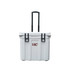 A white cooler box with wheels and a retractable handle, featuring a logo on the front.