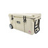 A 75L cooler box with wheels in a cream colour, featuring a handle and branding on the side.