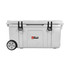 A grey 75L cooler box with wheels, featuring clasps, and a logo on the front.