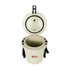 A cream-coloured ice bucket with a lid and a handy rope, featuring a logo and an open design.