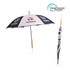 An RPET umbrella with a straight handle featuring blue and white sections, and a logo.