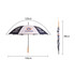 A RPET umbrella with a straight handle, featuring a blue and white design, measures 120cm when open.