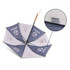 A blue and white RPET umbrella with a straight handle and various logos on the panels.