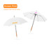 A white RPET umbrella with a straight handle and a wooden grip, featuring screen-printed designs on the canopy.