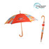 An eco-friendly umbrella in vibrant orange with a curved wooden handle, featuring a colourful abstract design.