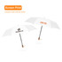 A triple folding RPET umbrella in white with a black handle and logos printed on the canopy.